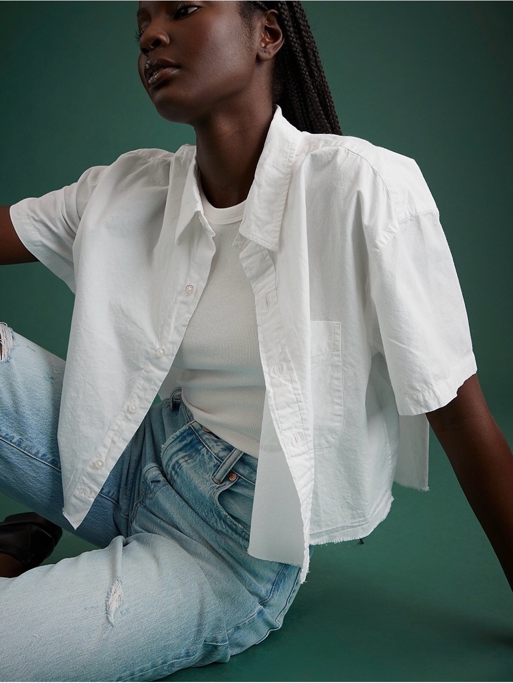 AE77 Premium Boxy Crop Poplin Shirt White Size M